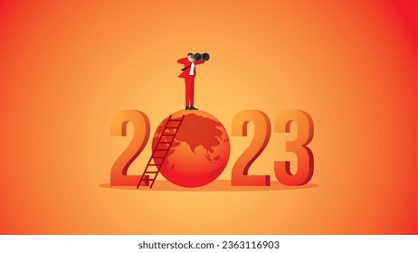 A visionary man uses binoculars on a number year 2023 and a red earth. Environmental concern, Net zero carbon footprint emission, Sustainability, Global heating, Climate emergency, and crisis concept.