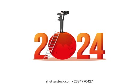 A visionary man uses binoculars on a number year 2024 and a red earth. Environmental concern, Net zero carbon footprint emission, Sustainability, Global heating, Climate emergency, and crisis concept.