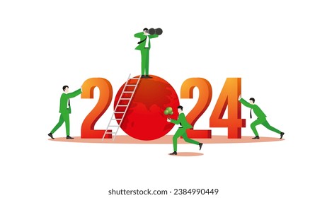 A visionary man uses binoculars on 2024 and a red earth with teamwork. Environmental concern, Net zero carbon footprint emission, Sustainability, Global heating, Climate emergency, and crisis concept.