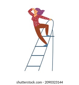 Visionary woman looks into distance, standing on stepladder makes plans for future. Metaphor of business leadership, ability to set goals, achieve them in flat vector illustration isolated on white