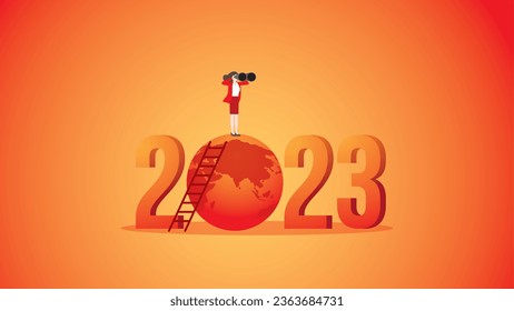 Visionary woman uses binoculars on a number year 2023 and a red earth. Environmental concern, Net zero carbon footprint emission, Sustainability, Global heating, Climate emergency, and crisis concept.