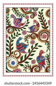 Visiones del Paraíso: Un vibrante tapiz Madhubani - Árbol del pavo real de la vida. Arte Madhubani, Pintura pavo real India, Arte folclórico indio, Arte mural