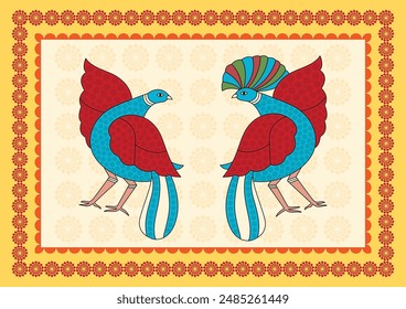 Visions of Vibrant Love: A Captivating Madhubani Artwork - Baird Bird Couple. Madhubani art, saree painting Madhuban, Indian folk art Bird, Madhubani culture, Wall decor, Handmade. 