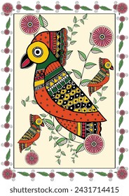 Visionen in der Wildnis: Eine lebendige Madhubani-Darstellung des Papageien und der blühenden Natur. Wo Farben singen: Ein fesselndes Madhubani-Kunstwerk von Papagei inmitten einer ruhigen Landschaft.