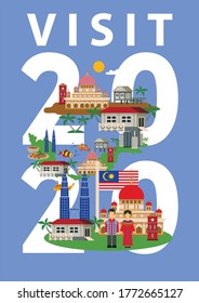 Visita 2020 con icónica ilustración vectorial de postal de construcción