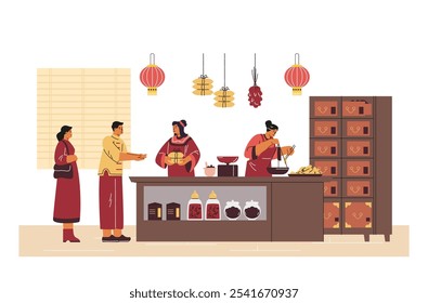 Visit an alternative medicine store with vendors in traditional Chinese clothes. The vector illustration with people buying herbs, roots and spices.