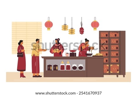 Visit an alternative medicine store with vendors in traditional Chinese clothes. The vector illustration with people buying herbs, roots and spices.