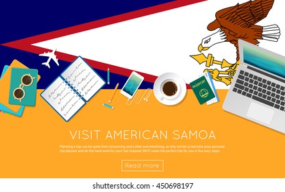 Visit American Samoa concept for your web banner or print materials. Top view of a laptop, sunglasses and coffee cup on American Samoa national flag. Flat style travel planninng website header.
