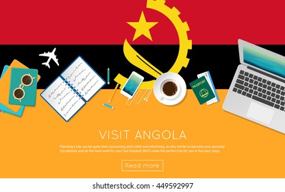 Visit Angola concept for your web banner or print materials. Top view of a laptop, sunglasses and coffee cup on Angola national flag. Flat style travel planninng website header.