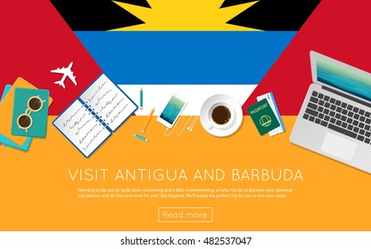 Visit Antigua and Barbuda concept for your web banner or print materials. Top view of a laptop, sunglasses and coffee cup on Antigua and Barbuda national flag.