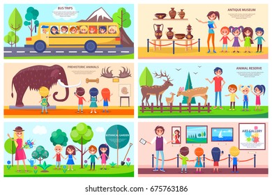 Visit to antique museum, prehistoric animals exhibition, animal reserve, botanical garden, art gallery and school bus trip vector illustrations.