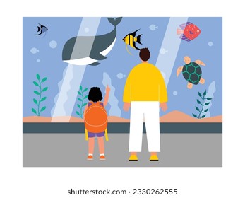 Visit to the aquarium, many different kinds of fish in it, zoo vector illustration.