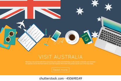 Visit Australia concept for your web banner or print materials. Top view of a laptop, sunglasses and coffee cup on Australia national flag. Flat style travel planninng website header.
