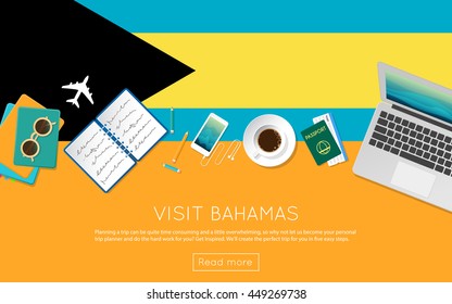 Visit Bahamas concept for your web banner or print materials. Top view of a laptop, sunglasses and coffee cup on Bahamas national flag. Flat style travel planninng website header.