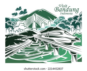 Visit Bandung Background Vector. The concept of traveling to the city of Bandung using a super fast train.