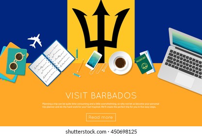 Visit Barbados concept for your web banner or print materials. Top view of a laptop, sunglasses and coffee cup on Barbados national flag. Flat style travel planninng website header.