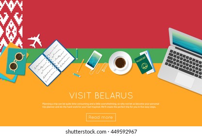 Visit Belarus concept for your web banner or print materials. Top view of a laptop, sunglasses and coffee cup on Belarus national flag. Flat style travel planninng website header.