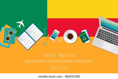 Visit Benin concept for your web banner or print materials. Top view of a laptop, sunglasses and coffee cup on Benin national flag. Flat style travel planninng website header.