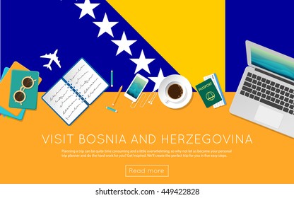 Visit Bosnia and Herzegovina concept for your web banner or print materials. Top view of a laptop, sunglasses and coffee cup on Bosnia and Herzegovina national flag.