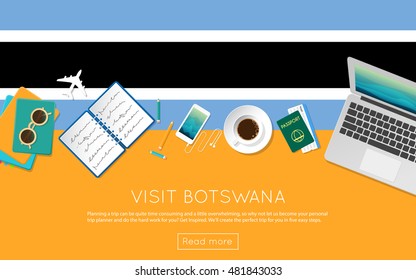 Visit Botswana concept for your web banner or print materials. Top view of a laptop, sunglasses and coffee cup on Botswana national flag. Flat style travel planninng website header.