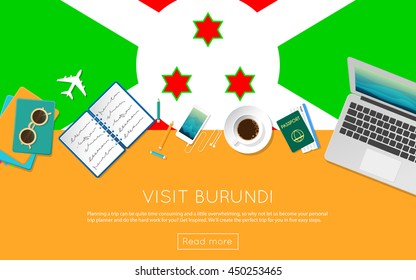 Visit Burundi concept for your web banner or print materials. Top view of a laptop, sunglasses and coffee cup on Burundi national flag. Flat style travel planninng website header.