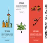 Visit Canada vertical web banners. Toronto CN tower, marple leaf, ice hockey stick, puck, skates drawn vector illustrations. Templates with country related symbols.