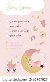 Visit card with baby on moon, toys, pram and milk bottle. Doodle sketch style. Design for baby store, kids shop business card template. Retail marketing, promotion. flat vector illustration