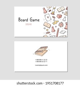 Visit card with board game element, cards, chess, hourglass, chips, dice, dominoes. Doodle sketch style. Illustration for board game shop, store, game competition business card design template.