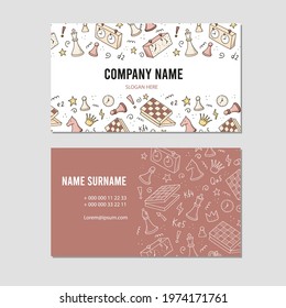 Visit card with cartoon chess game elements. Doodle sketch style. Illustration for chess club, tournaments, chess course business card design template.