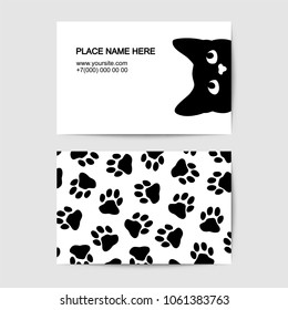 Visit card with cat muzzle and paws for pet shop. Vector template