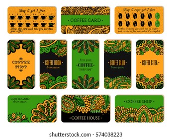 Visit card design set with loyalty program for coffee shops, tea houses and rooms in african style. Vertical, horizontal layouts.  EPS 10 vector template collection.