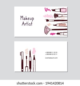 Visit card with makeup beauty cosmetic elements, mascara, cream bottle, polish, skin brush. Doodle sketch style. Illustration for makeup, beauty artist, cosmetic store business card design template.