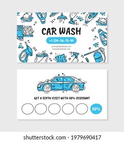 Visit card for printing for the car wash and auto detaling in the Doodle style. Vector template with icons of high-pressure washer and vacuum cleaner.