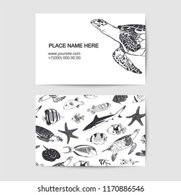 Visit card with sea and ocean inhabitants. Vector template