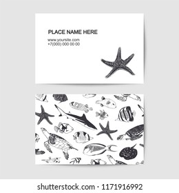 Visit card with sea and ocean inhabitants. Vector template