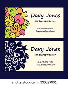 Visit card  with shells and sea stars. Vector pattern.