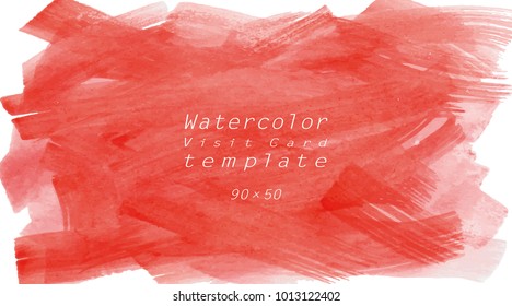 Visit card template (90 x 50) with red hand painted strokes. Watercolor chaotic background. Vector element.