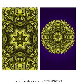 Visit Card Template With Floral Mandala Pattern. Vector Template. Islam, Arabic, Indian, Mexican Ottoman Motifs. Hand Drawn Background. Green, purple color.