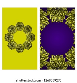 Visit Card Template With Floral Mandala Pattern. Vector Template. Islam, Arabic, Indian, Mexican Ottoman Motifs. Hand Drawn Background. Green, purple color.