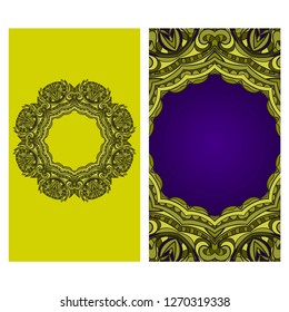 Visit Card Template With Floral Mandala Pattern. Vector Template. Islam, Arabic, Indian, Mexican Ottoman Motifs. Hand Drawn Background. Green, purple color.
