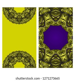 Visit Card Template With Floral Mandala Pattern. Vector Template. Islam, Arabic, Indian, Mexican Ottoman Motifs. Hand Drawn Background. Green, purple color.