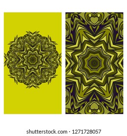 Visit Card Template With Floral Mandala Pattern. Vector Template. Islam, Arabic, Indian, Mexican Ottoman Motifs. Hand Drawn Background. Green, purple color.