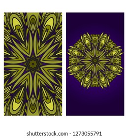 Visit Card Template With Floral Mandala Pattern. Vector Template. Islam, Arabic, Indian, Mexican Ottoman Motifs. Hand Drawn Background. Green, purple color.
