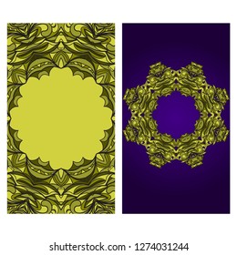 Visit Card Template With Floral Mandala Pattern. Vector Template. Islam, Arabic, Indian, Mexican Ottoman Motifs. Hand Drawn Background. Green, purple color.