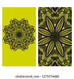 Visit Card Template With Floral Mandala Pattern. Vector Template. Islam, Arabic, Indian, Mexican Ottoman Motifs. Hand Drawn Background. Green, purple color.