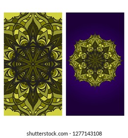 Visit Card Template With Floral Mandala Pattern. Vector Template. Islam, Arabic, Indian, Mexican Ottoman Motifs. Hand Drawn Background. Green, purple color.