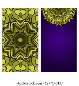 Visit Card Template With Floral Mandala Pattern. Vector Template. Islam, Arabic, Indian, Mexican Ottoman Motifs. Hand Drawn Background. Green, purple color.