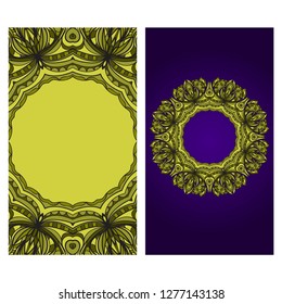 Visit Card Template With Floral Mandala Pattern. Vector Template. Islam, Arabic, Indian, Mexican Ottoman Motifs. Hand Drawn Background. Green, purple color.