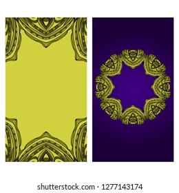 Visit Card Template With Floral Mandala Pattern. Vector Template. Islam, Arabic, Indian, Mexican Ottoman Motifs. Hand Drawn Background. Green, purple color.