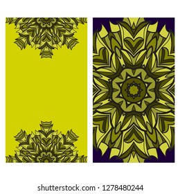 Visit Card Template With Floral Mandala Pattern. Vector Template. Islam, Arabic, Indian, Mexican Ottoman Motifs. Hand Drawn Background. Green, purple color.